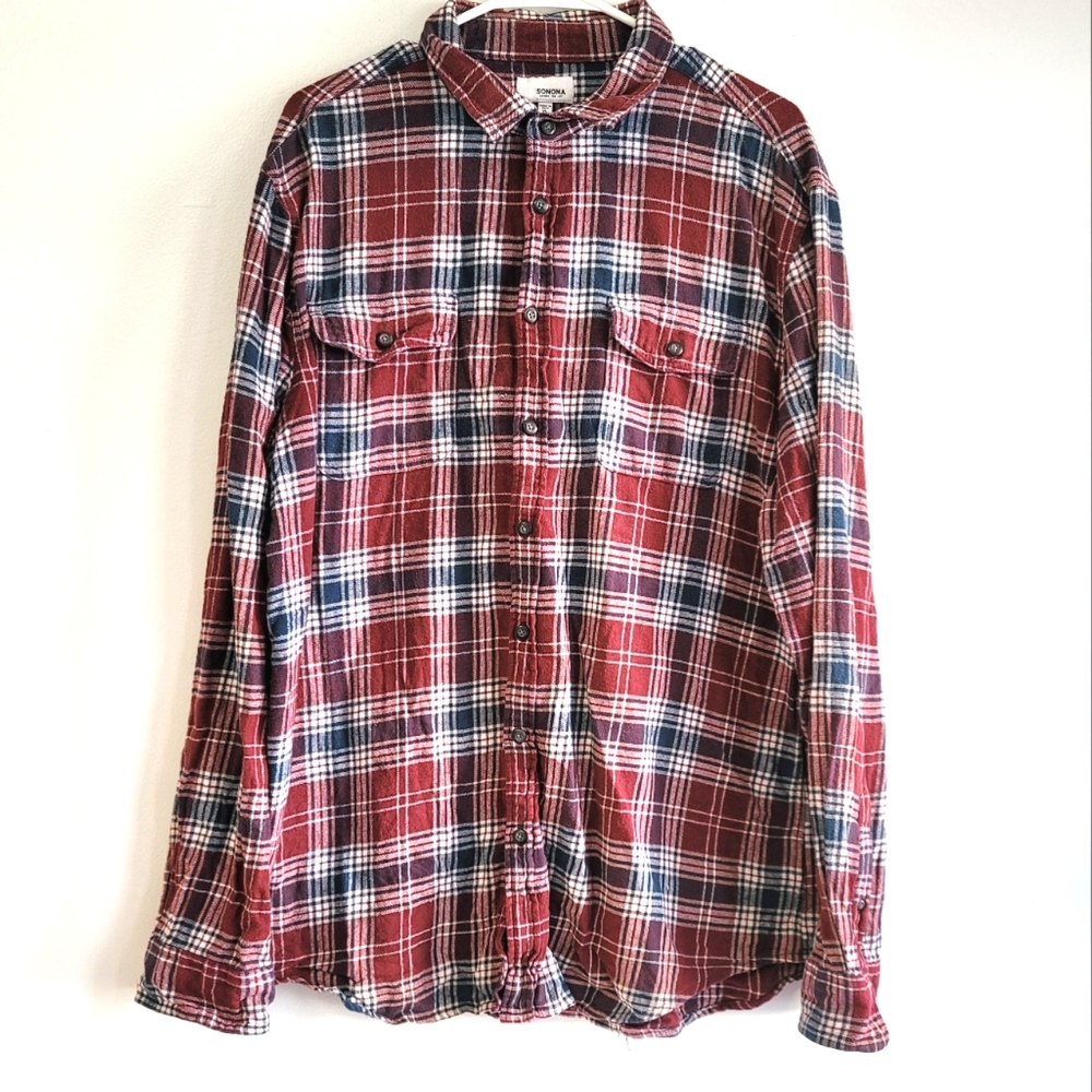 Sonoma Plaid Red Blue 100% Cotton Long Sleeve Collared Button Down Shirt Sz XL
